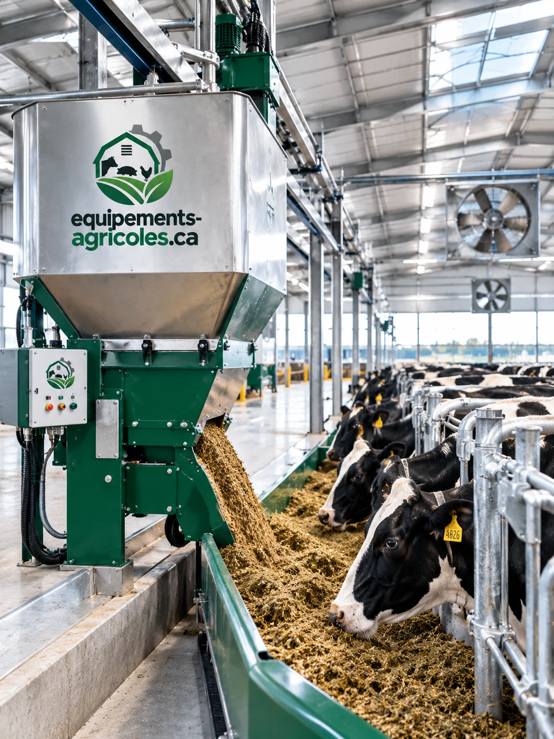 Distributeur automatique de moulée alimentant une rangée de vaches